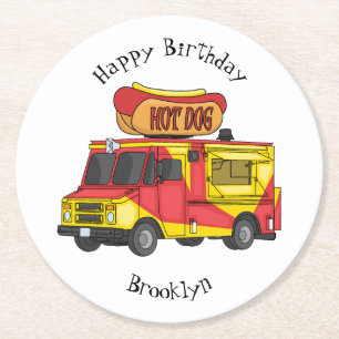 Hot dog food truck cartoon illustration round paper coaster