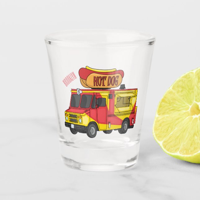 Hot dog food truck cartoon illustration shot glass (Front)