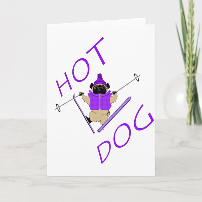 Hot Dog Funny Skiing Pug Purple Jacket and Skis Holiday Card (Front)