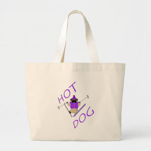 Hot Dog Funny Skiing Pug Purple Jacket and Skis Large Tote Bag