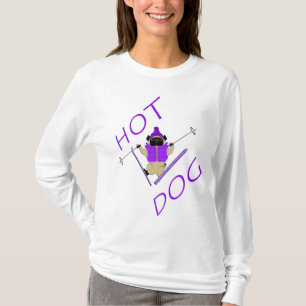 Hot Dog Funny Skiing Pug Purple Jacket and Skis T-Shirt