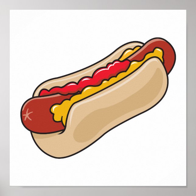 hot dog in bun with ketchup and mustard graphic poster (Front)
