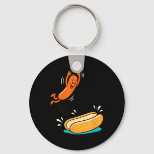 Hot Dog Jumping Into Bun Sausage Bbq High Dive Key Ring