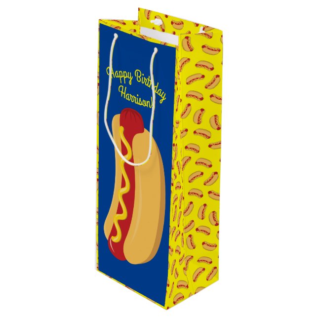 Hot Dog Kids Birthday Party Cook Out Cute Wine Gift Bag (Front Angled)