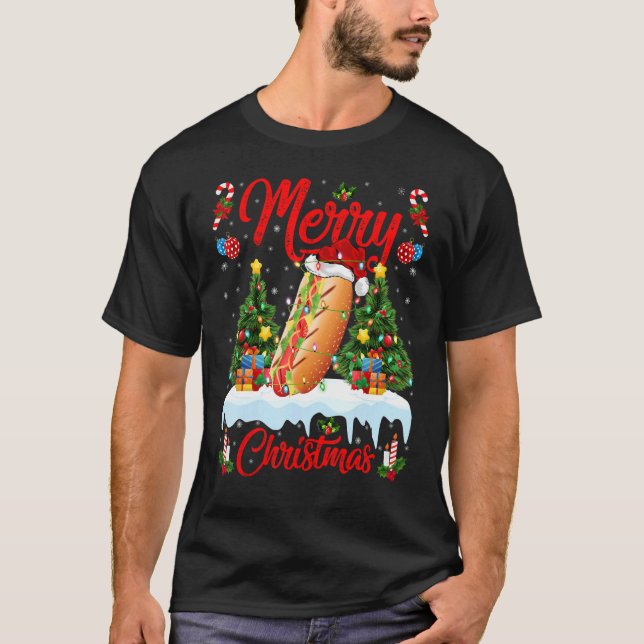 Hot Dog  Lights Xmas Tree Santa Hot Dog Christmas T-Shirt (Front)