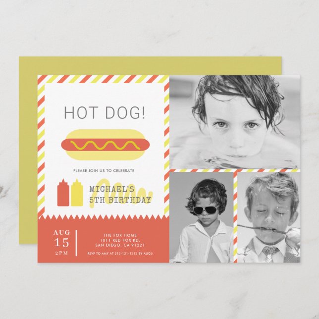 HOT DOG! Modern Kids Photo Collage Birthday Invitation (Front/Back)