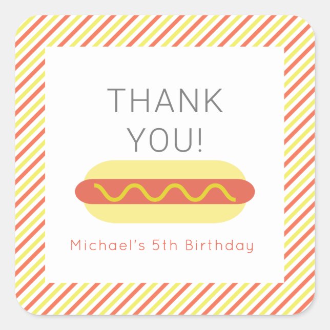 Hot Dog Modern Red Yellow Kids Birthday Thank You Square Sticker (Front)