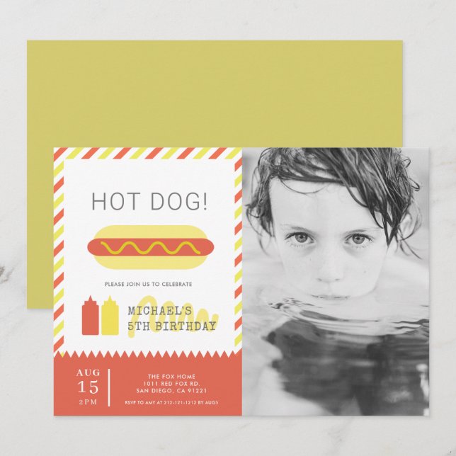 HOT DOG! Modern Red & Yellow Kids Photo Birthday Invitation (Front/Back)