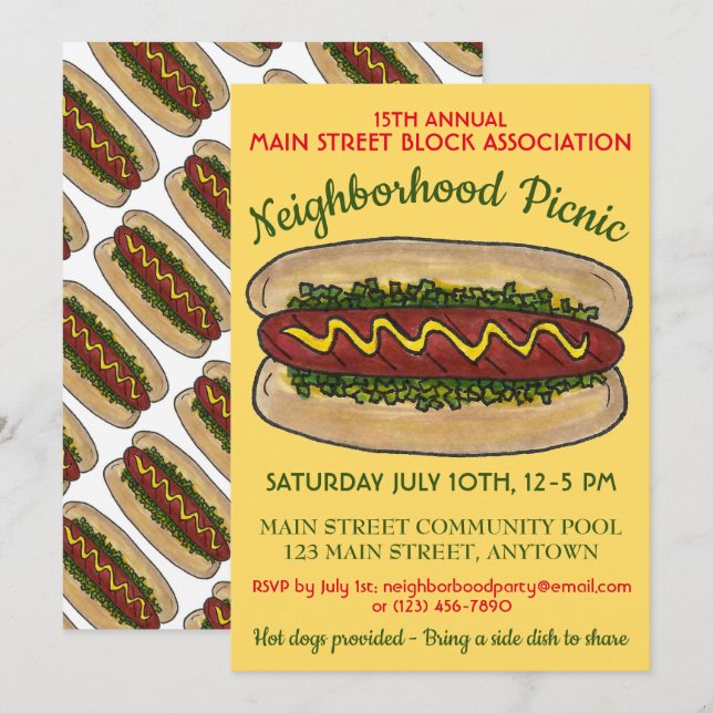 Hot Dog Neighbourhood Reunion Picnic Cookout Party Invitation (Front/Back)