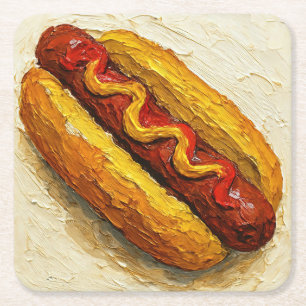 Hot Dog Oil Painting (#1) Square Paper Coaster