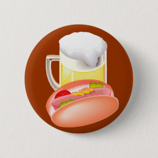 Hot dog on a bun and beer with all the fixin's 6 cm round badge