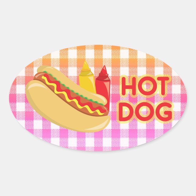 Hot Dog on Gingham Picnic Tablecloth w/ Condiments Oval Sticker (Front)