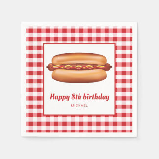 Hot Dog On Red Gingham Pattern Happy Birthday Napkin