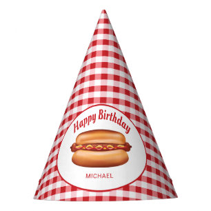 Hot Dog On Red Gingham Pattern Happy Birthday Party Hat
