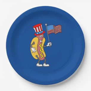 Hot Dog Patriotic Holding US Flag July 4th Paper Plate