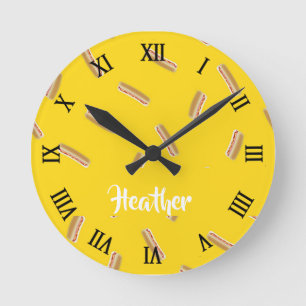 Hot dog pattern on yellow round clock