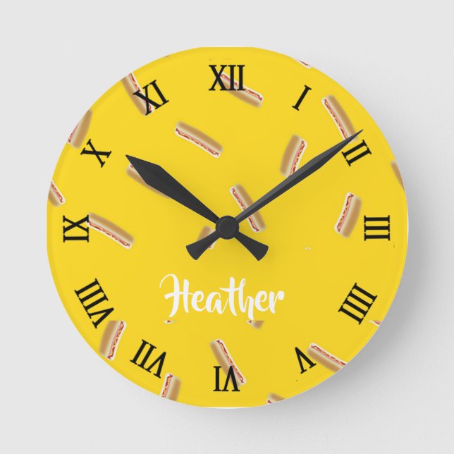 Hot dog pattern on yellow round clock (Front)