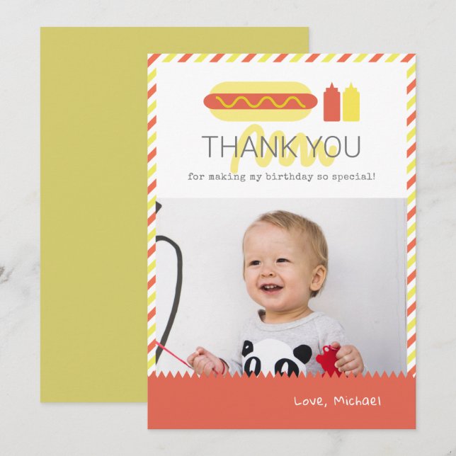 Hot Dog Red & Yellow Birthday Photo Thank You Card (Front/Back)