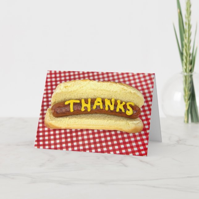 Hot Dog Thanks on Gingham Thank You Card (Front)
