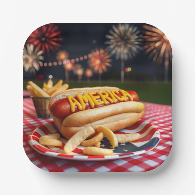 Hot Dog With America Text and Fireworks Paper Plate (Front)