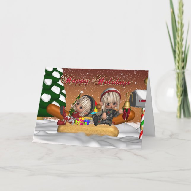 Hot Dogs, Onions, Bun, Christmas Card - Elves (Front)