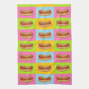 hot dogs tiled design tea towel