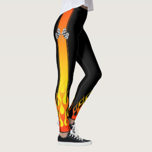 Hot Flames Car Racing Flags Decor on Leggings