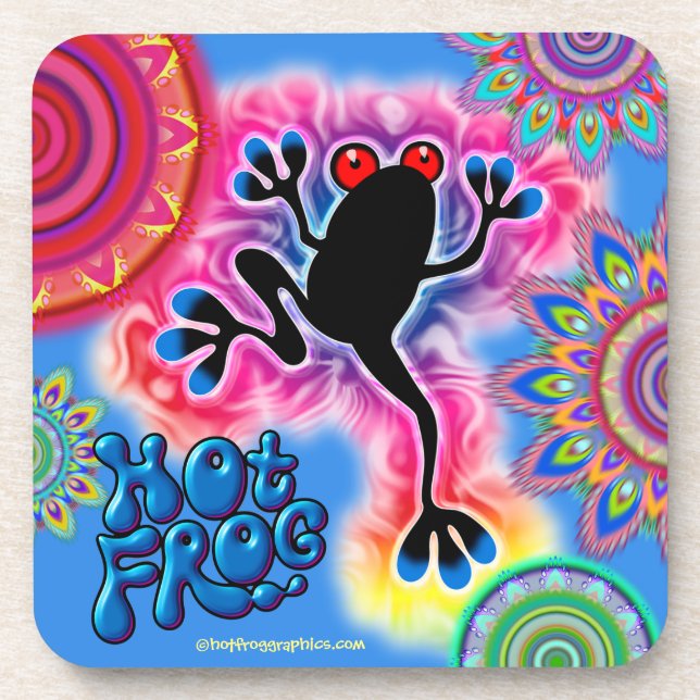 Hot Frog Surf Boho Psychedelic coaster blue. (Front)