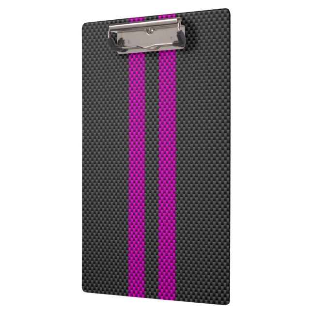 Hot Fuchsia Pink Racing Stripes Carbon Fibre Style Clipboard (Left)