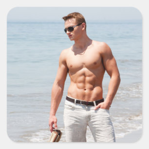 Hot Guy Bare Chest Muscular Abs Beach Shirtless Square Sticker