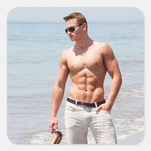 Hot Guy Bare Chest Muscular Abs Beach Shirtless Square Sticker (Front)