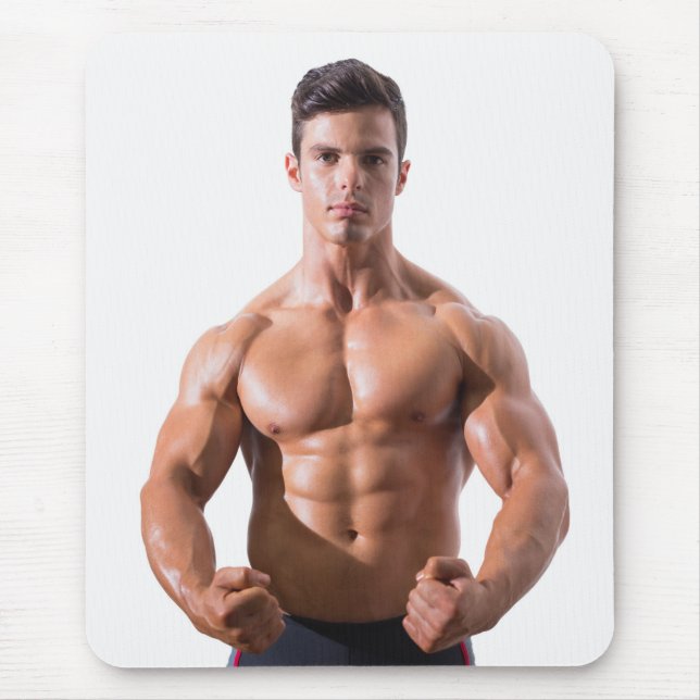 Hot Guy Flexes Muscles Sexy Shirtless Man Hunk Mouse Pad (Front)