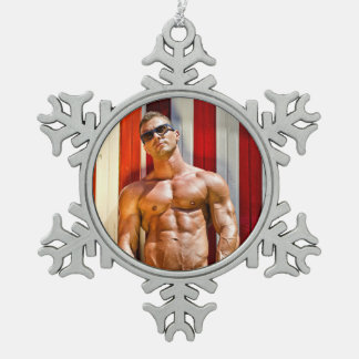 Hot Guy Muscled Chest Sexy Shirtless Man Hunk Snowflake Pewter Christmas Ornament