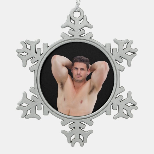 Hot Guy Sexy Shirtless Muscle Man Bodybuilder Post Snowflake Pewter Christmas Ornament (Front)