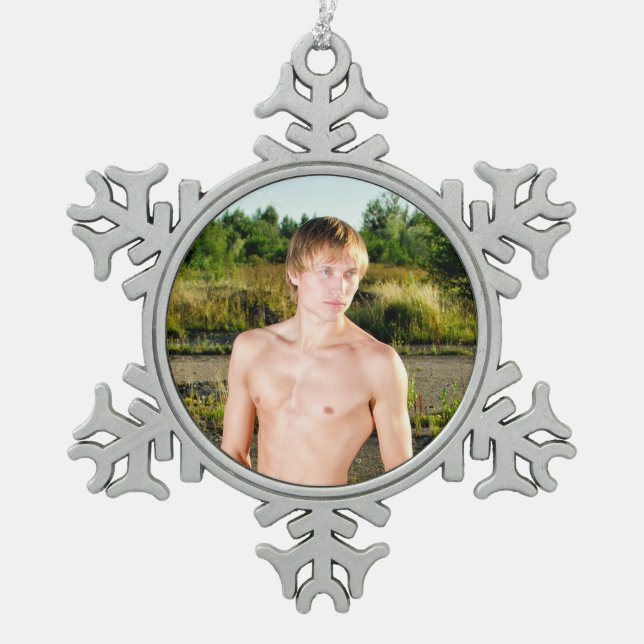Hot Guy Sexy Shirtless Muscle Man Hunk Lake Snowflake Pewter Christmas Ornament (Front)