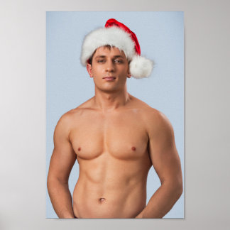 Hot Guy Sexy Shirtless Muscle Man Santa Hat Hunk Poster