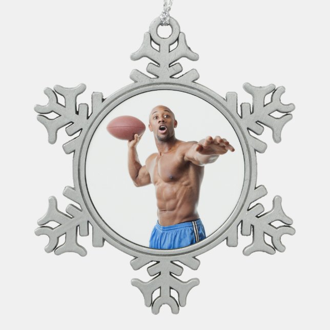 Hot Guy Sexy Shirtless Muscled Football Stud Snowflake Pewter Christmas Ornament (Front)