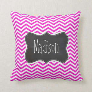 Hot Magenta Chevron Stripes; Retro Chalkboard look Cushion