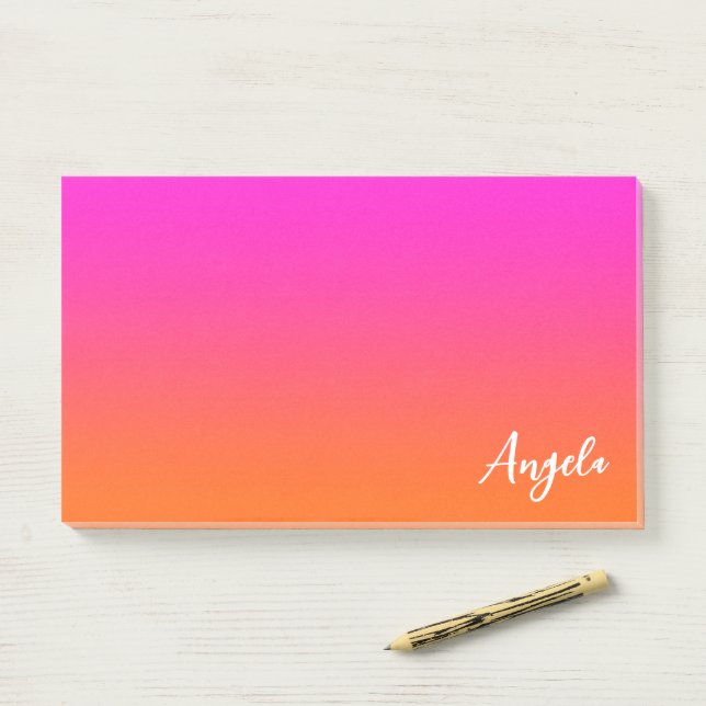 Hot Magenta Pink and Bright Orange Ombre Name Post-it Notes (On Desk)