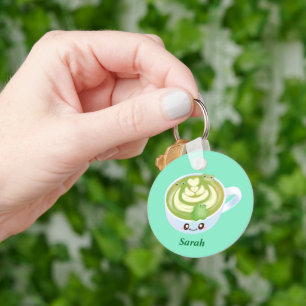 Hot Matcha Green Tea Latte With Cute Frogs Key Ring