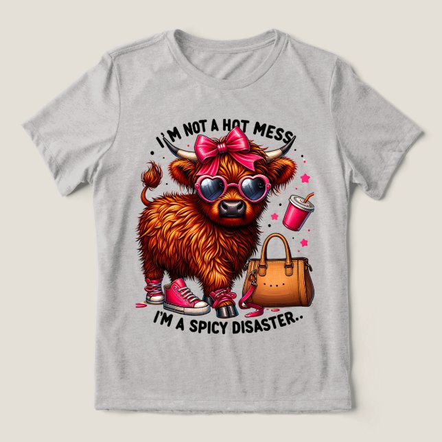 Hot Mess, Funny Highland Cow Tri-Blend Shirt (Design Front)