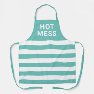 Hot Mess Funny Quote Teal White Striped Women's Apron