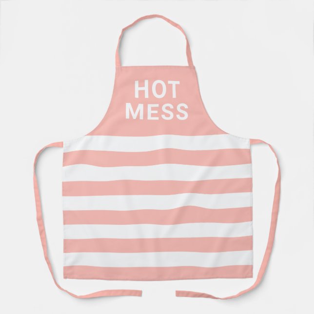 Hot Mess Funny Saying Blush Pink White Stripes Apron (Front)
