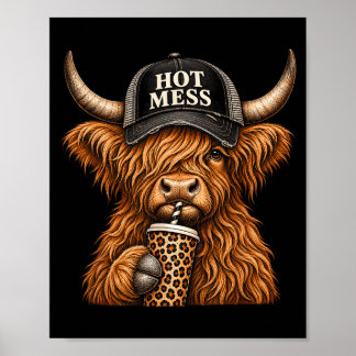Hot Mess Highland Cow Funny Cute Coffee Lover Poster