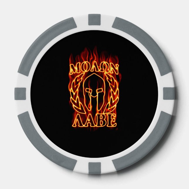 Hot Molon Labe Spartan Warrior Mask on Fire Poker Chips (Front)