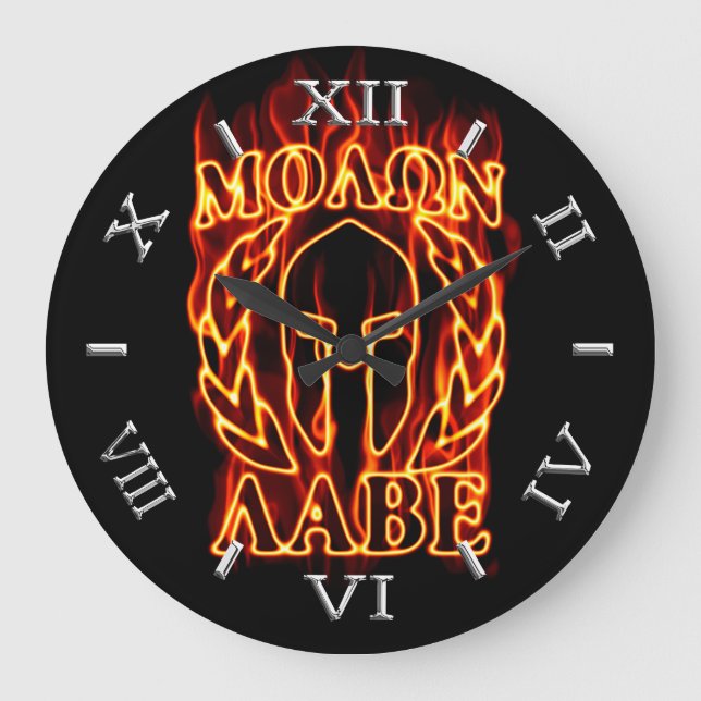 Hot Molon Labe Warrior Mask Laurels Dial on Fire Large Clock (Front)