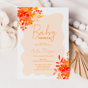 Hot orange wavy frame boho floral baby shower invitation
