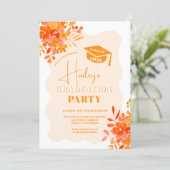 Hot orange wavy frame boho floral graduation invitation (Standing Front)