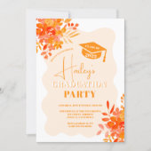 Hot orange wavy frame boho floral graduation invitation (Front)
