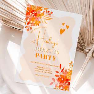 Hot orange wavy frame boho floral Sweet 16 Invitation